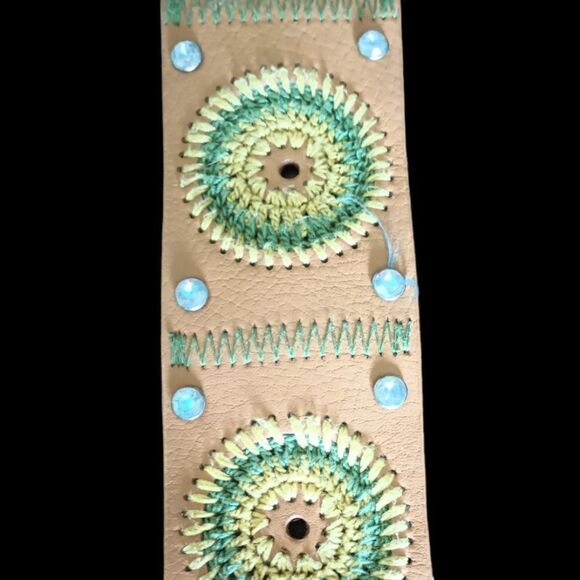 GUESS Embroidered Tan & Green Belt  with Rhinestones Vegan Leather - Picture 2 of 6